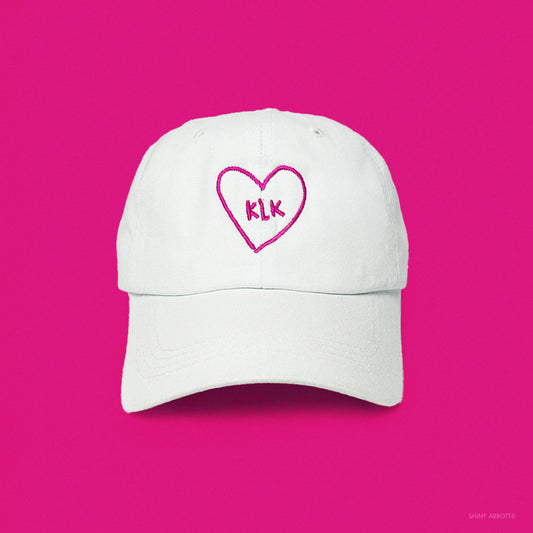 White Baseball Cap with Hot Pink KLK Heart Embroidery