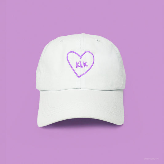 White Baseball Cap with Lilac KLK Heart Embroidery
