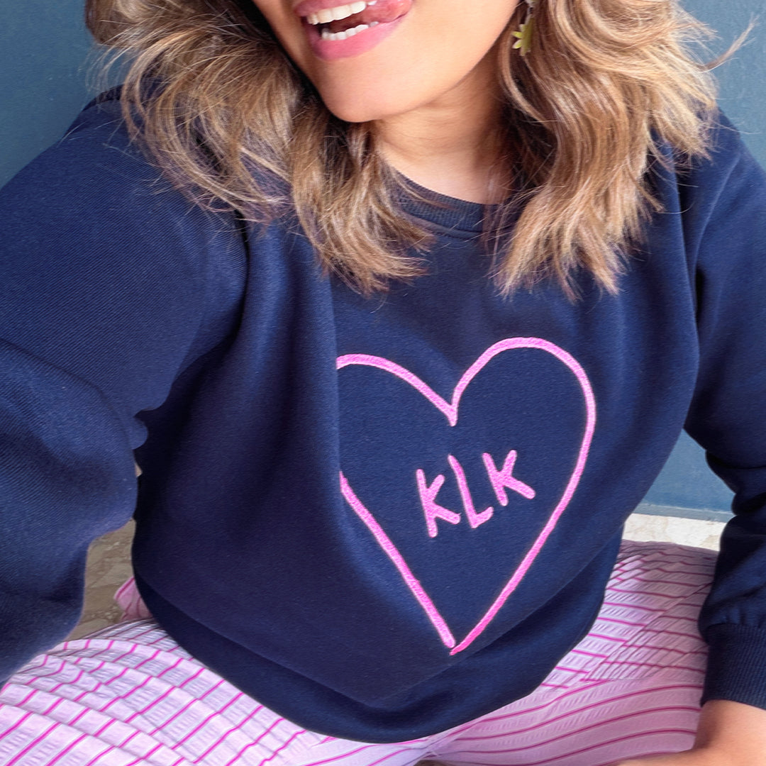 [PRE-ORDER] Navy Oversized Thermal Sweater with Pink "KLK" Embroidery